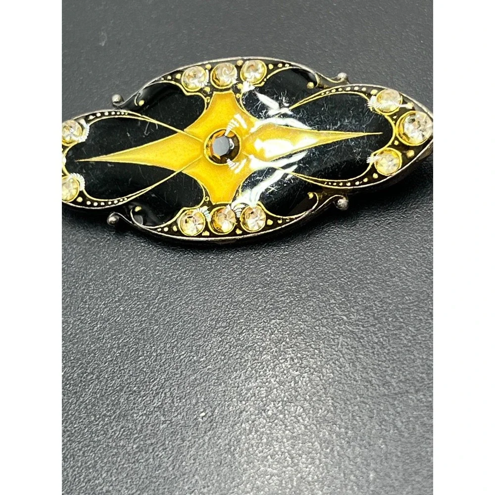 Catherine Popesco Unsigned Black Enamel Gold Tone rhinestone Art Deco Brooch